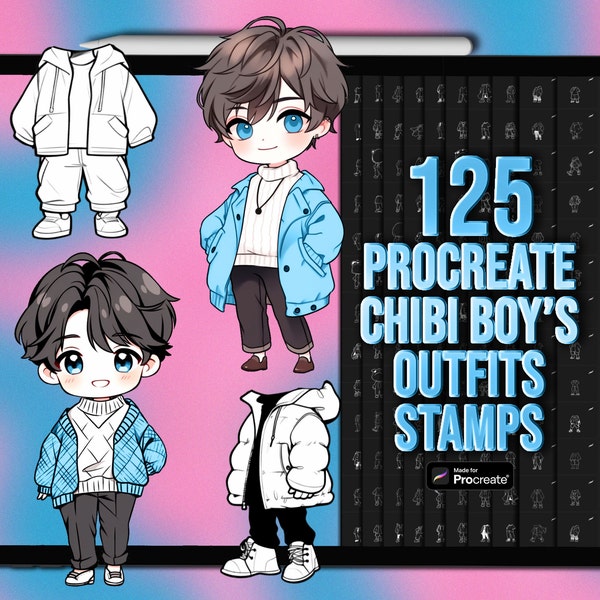 Chibi outfits Procreate stamps | Chibi boy Procreate clothing stamps | Procreate chibi clothes stamps