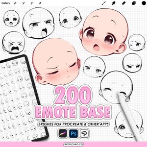 Procreate Emote Base: 200 Chibi Anime Face Expression Stamps (Photoshop, CSP supported)