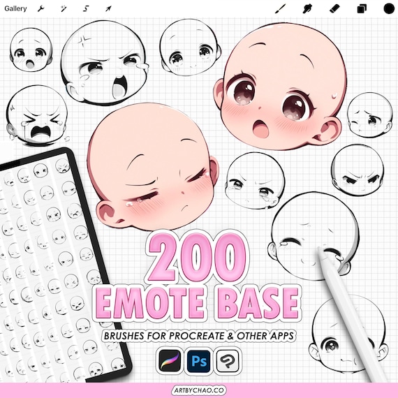 Procreate Emote Base: 200 Chibi Anime Face Expression Stamps (Photoshop, CSP supported)