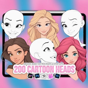 Cabezas de dibujos animados para Procreate: 200 sellos de cabezas de princesas de dibujos animados base (compatible con Photoshop y CSP)