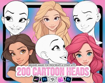 Procreate Cartoon Heads: 200 base cartoon princess head stamps (Photoshop & CSP supported)