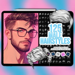 Puede incluir: Ilustración digital de una tableta que muestra a un hombre con gafas y barba. La pantalla muestra 125 peinados masculinos, con el texto "125 Male Hairstyles" en azul. La imagen incluye iconos para Procreate y otras aplicaciones.