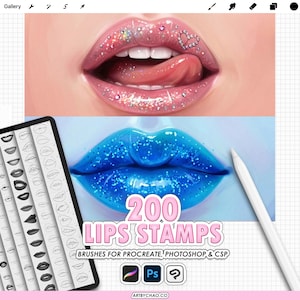 Procreate リップスタンプ: 200 種類の口の表情、笑顔、キス、舌、歯のセット (Photoshop および CSP 対応)