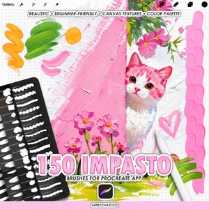 Könnte beinhalten: Digitale Kunstpinsel für die Procreate-App. Das Bild zeigt eine rosa-weiße Katze, rosa Blumen und Pinselstriche in verschiedenen Farben. Der Text lautet "150 Impasto Brushes for Procreate App". Die Wörter "Realistic, Beginner-Friendly, Canvas Textures, Color Palette" sind ebenfalls sichtbar.