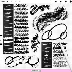 May include: Digital art brushes in various styles, including textured strokes, swirls, and dotted lines. The image showcases a range of black brushstrokes on a grid background, with a white stylus. The website address "ARTBYCHAO.CO" is visible.
