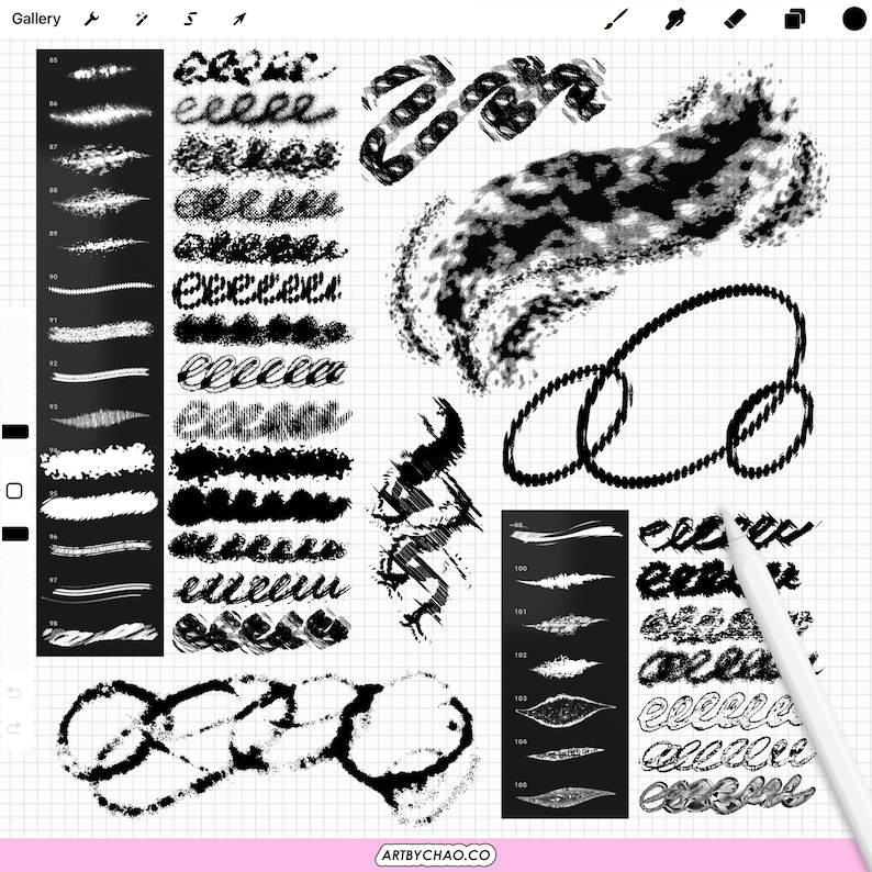 May include: Digital art brushes in various styles, including textured strokes, swirls, and dotted lines. The image showcases a range of black brushstrokes on a grid background, with a white stylus. The website address "ARTBYCHAO.CO" is visible.