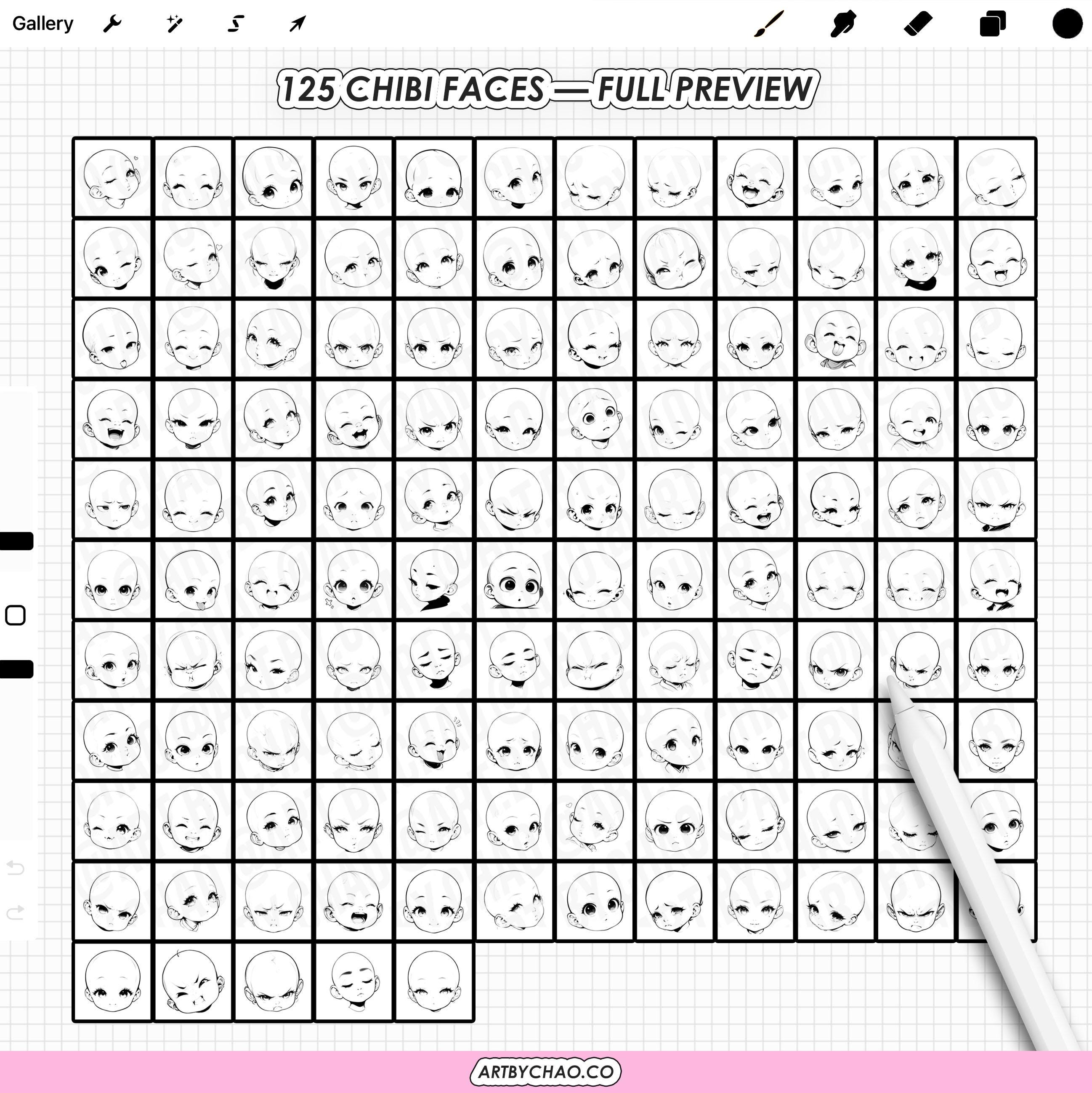 Procreate Chibi Face Stamps: 125 Outline Base Expressions, Anime ...
