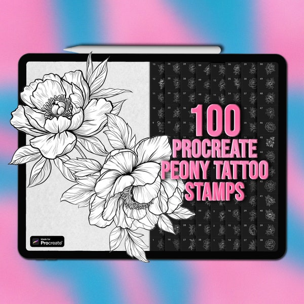 Procréer des timbres de pivoine | Pivoine Procreate tampons de tatouage | Le tatouage des tampons Flower Procreate | Pinceaux Procreate pivoines