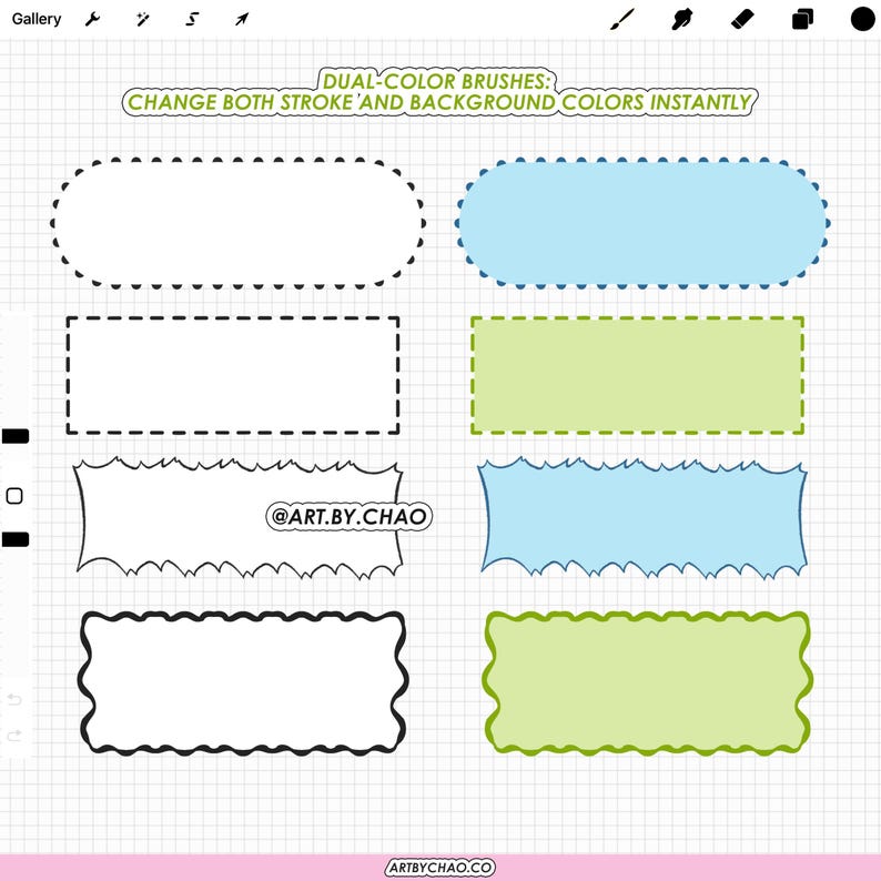 Dual color manga frame brushes for Procreate showing editable comic panels, speech bubbles and layout shapes with instant color change