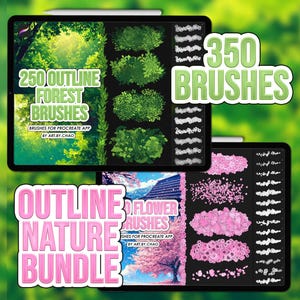 Puede incluir: Dos paquetes de arte digital mostrados en tabletas. Uno presenta "250 Outline Forest Brushes" con ilustraciones de bosques y follaje. El otro es el "Outline Nature Bundle" con "3D Flower Brushes" y arte de flores de cerezo. Ambos son para la aplicación Procreate.