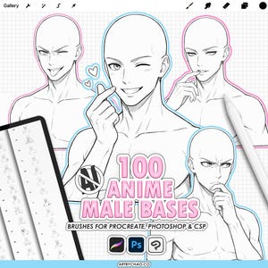 Könnte beinhalten: Digitales Kunstprodukt mit vier Skizzen von Anime-Männern mit verschiedenen Gesichtsausdrücken. Der Text "100 ANIME MALE BASES" ist rosa. Enthält Pinsel für Procreate, Photoshop und CSP. Die Website-Adresse ist artbychao.co.