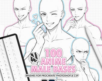 Procreate Manga Anime Male Bases: 100 pose and expression stamps (Photoshop & CSP supported)