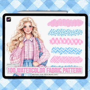 May include: Digital illustration on a tablet featuring a blonde woman in a pink plaid shirt and a blue skirt. The tablet displays watercolor fabric pattern brushes in pink and blue, with the text "100 Watercolor Fabric Pattern Brushes for Procreate App."