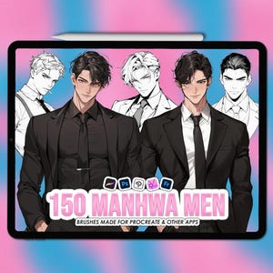 Könnte beinhalten: Digitale Illustration auf einem Tablet mit fünf Männern in Anzügen. Der Text "150 MANHWA MEN" ist in Rosa dargestellt, darunter "BRUSHES MADE FOR PROCREATE & OTHER APPS". Oben befindet sich ein Stift.