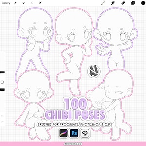 Procreate Chibi Poses: 100 Chibi Base Body Stamps (photoshop & CSP ...