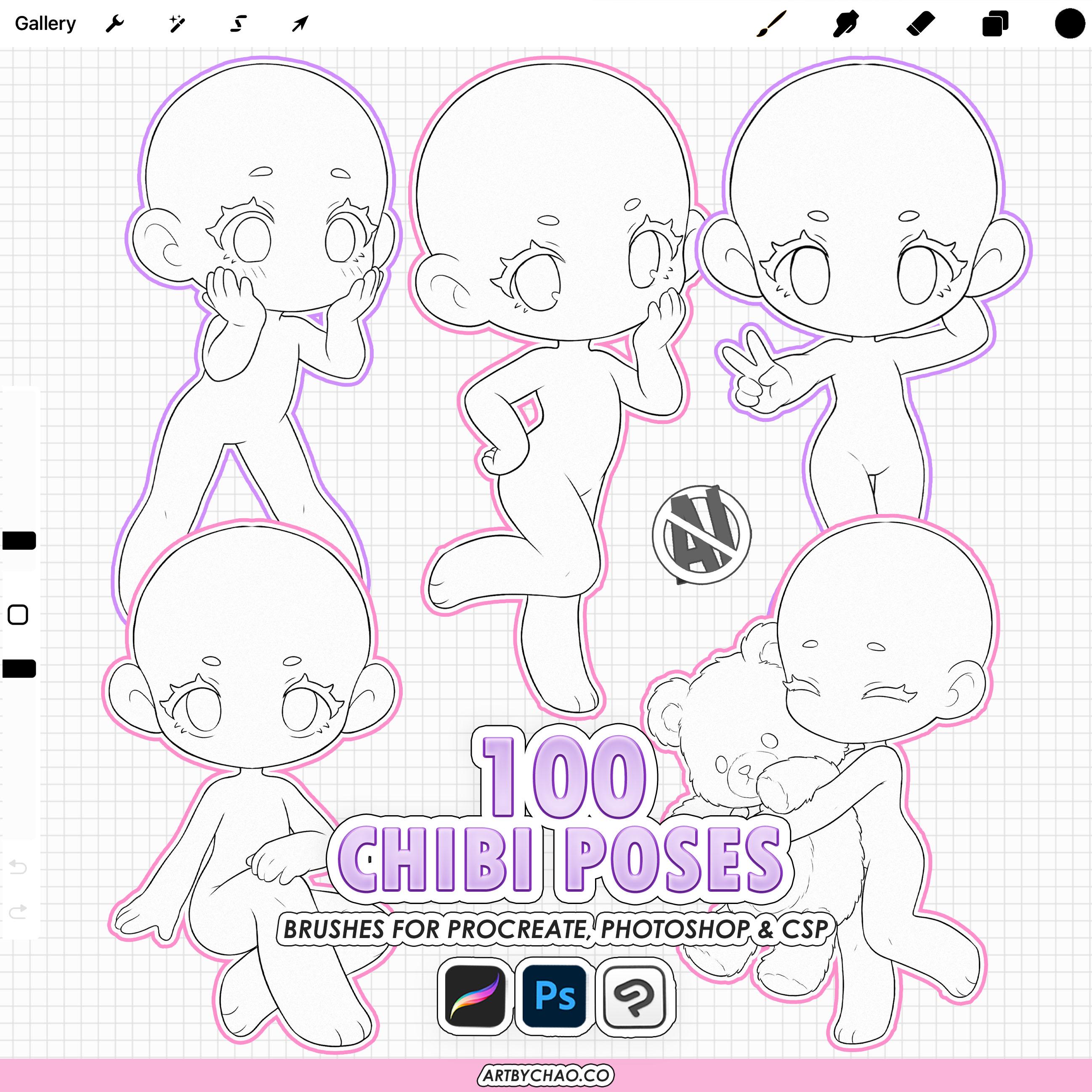 Procreate Chibi Poses: 100 Chibi Base Body Stamps (photoshop & CSP ...