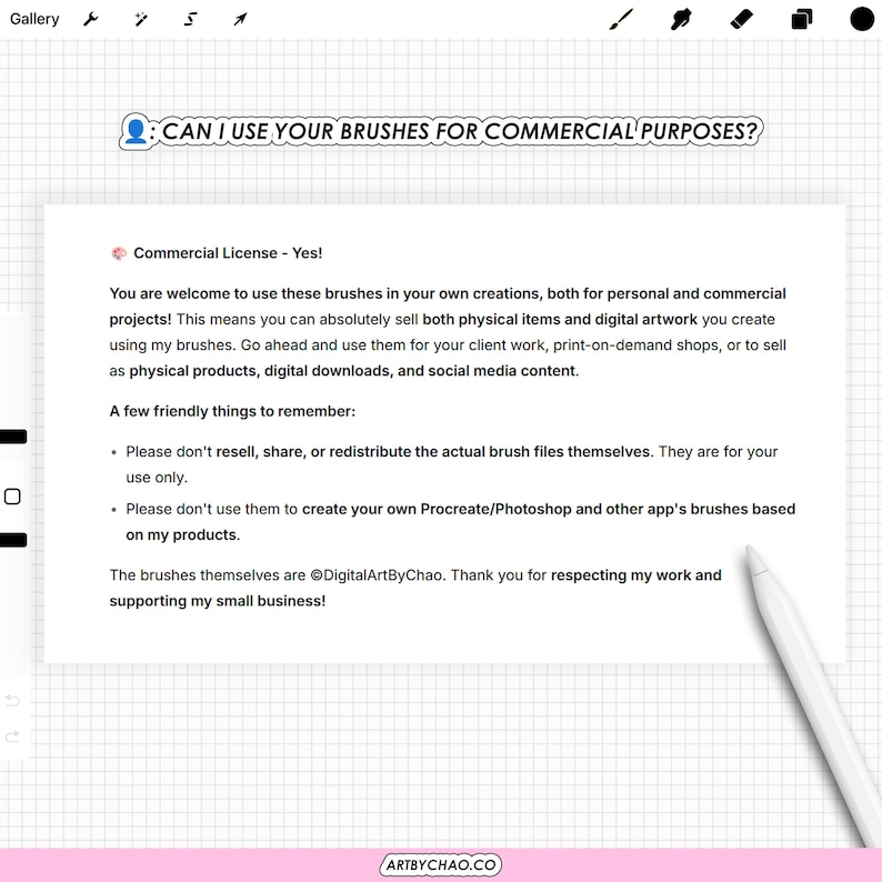 The image is a screenshot of a webpage with a message asking if someone can use brushes for commercial purposes.