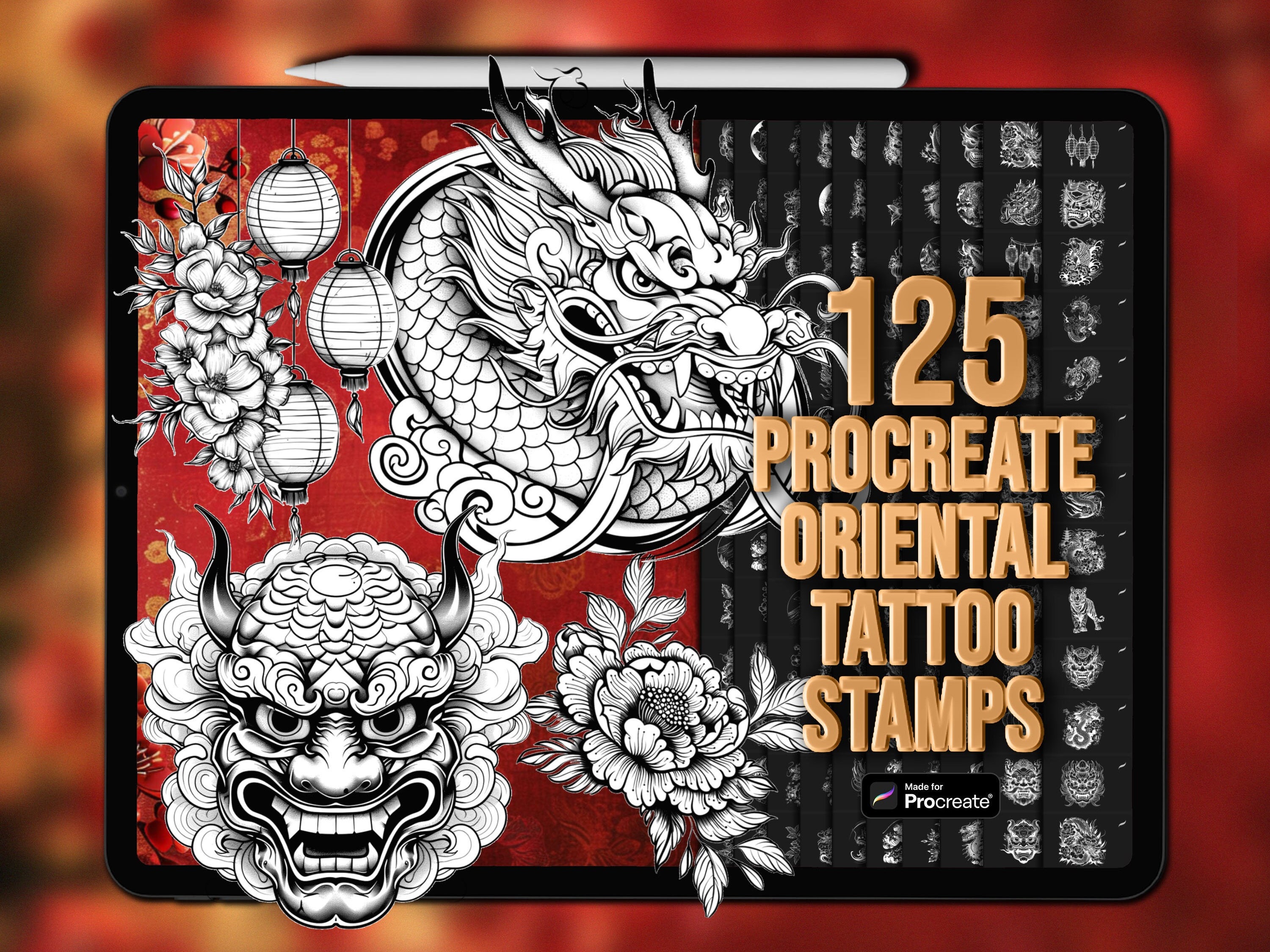 Oriental Tattoo Procreate Stamps – Asian Style Dragon Tattoo Brushes Set (125 Stamps)