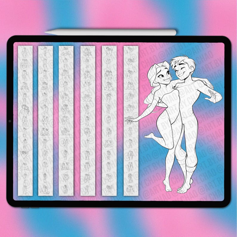 Cartoon couple Procreate pose stamps | Procreate cartoon princess pose stamps | Procreate cartoon body base | Cartoon pose Photoshop brushes