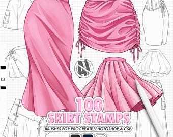 May include: An illustration showcasing various skirt designs in pink and white. The image features a collection of skirt styles, including a long, flowing skirt, a ruched mini skirt, and others. Text reads "100 Skirt Stamps" and "Brushes for Procreate, Photoshop & CSP."