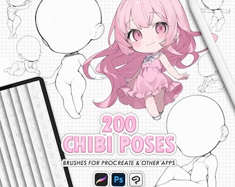 May include: Digital art illustration featuring a collection of chibi poses. The image includes a completed chibi character in a pink dress, blank chibi figures, and the text "200 Chibi Poses". The image also includes the logos for Procreate and Photoshop.