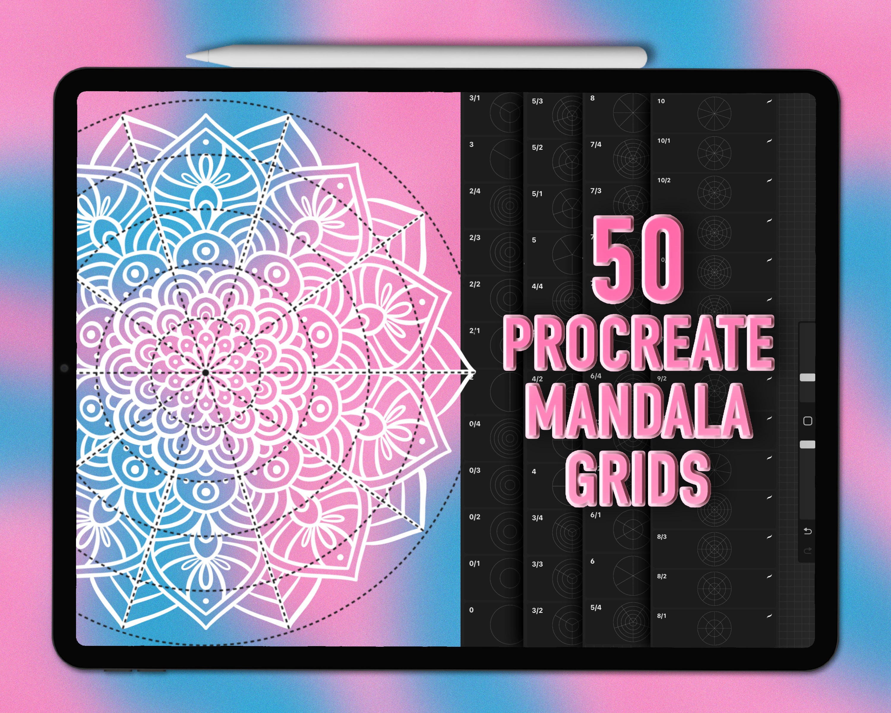 Sellos de Procreate de cuadrícula para mandalas – 50 pinceles guía para dibujar simetría con facilidad
