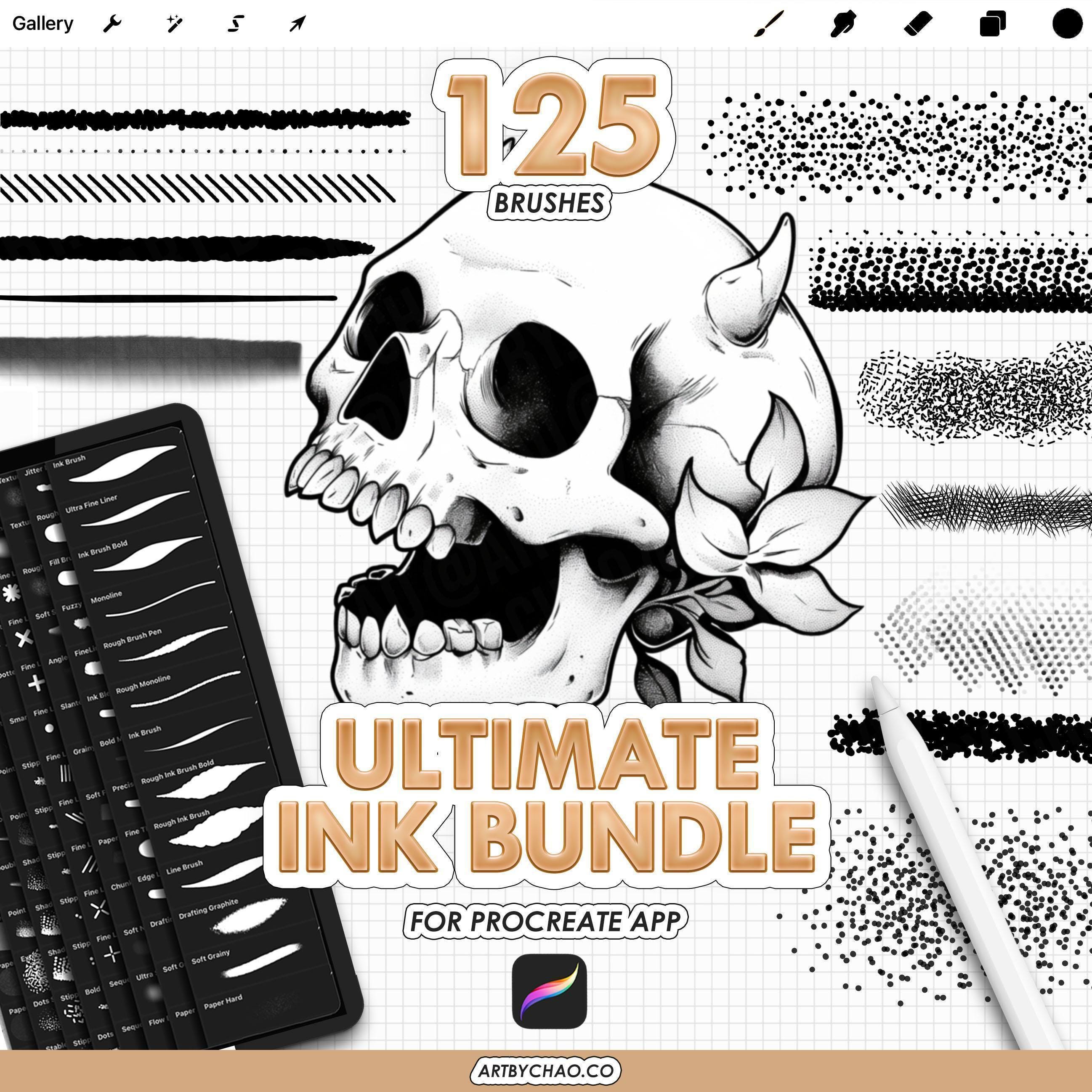 Pincéis de tatuagem para Procreate: pacote com 125 pincéis para linhas ...