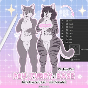 May include: A digital art reference sheet featuring two anthropomorphic cat characters in grey and white tones. One character has dark stripes, and the other is solid grey. The image includes a layer panel, a stylus, and text reading Chubby Cat P2U FURRY BASE.