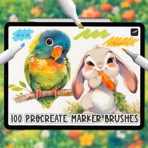 May include: Digital art on a tablet featuring a colorful parrot and a bunny eating a carrot. The text "100 Procreate Marker Brushes" is displayed below the illustrations. Several white markers are positioned around the tablet, suggesting digital art tools.