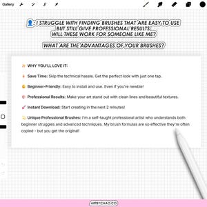 The image is a screenshot of a webpage or a digital document with text and bullet points, likely discussing the advantages of using professional brushes for creating art.