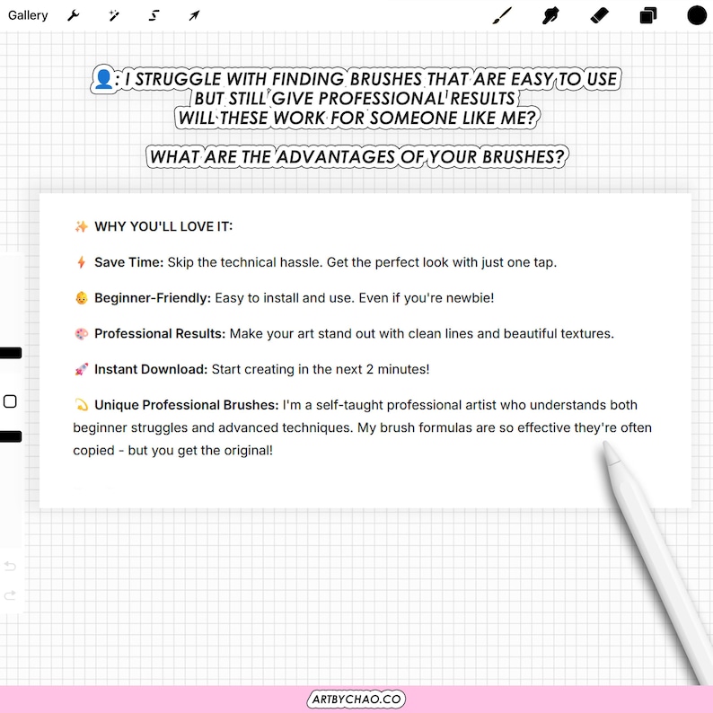 The image is a screenshot of a webpage or a digital document with text and bullet points, likely discussing the advantages of using professional brushes for creating art.