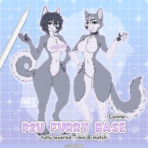 Puede incluir: Ilustración digital de dos personajes caninos antropomórficos con pelaje gris y blanco. Un personaje tiene el pelo corto y oscuro, el otro lleva un collar. El texto dice P2U FURRY BASE, Canine, fully layered, mix & match y ART BY CHAO.