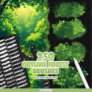 Puede incluir: Suministros de arte digital para Procreate. La imagen muestra una tableta que muestra una variedad de trazos de pincel, con el texto "250 Outline Forest Brushes" y ejemplos de follaje forestal. También se ve un lápiz óptico.
