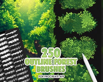 Procreate Outline Forest Brushes: 250 nature foliage, branches, trees, leaves, grass, plants bundle