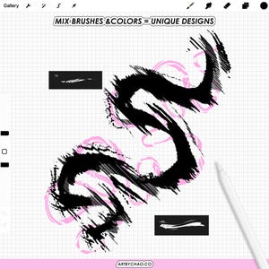 May include: Digital art illustration with black brush strokes over a pink background. The text "MIX BRUSHES & COLORS = UNIQUE DESIGNS" is at the top. A white stylus is in the lower right corner. The website address is at the bottom.
