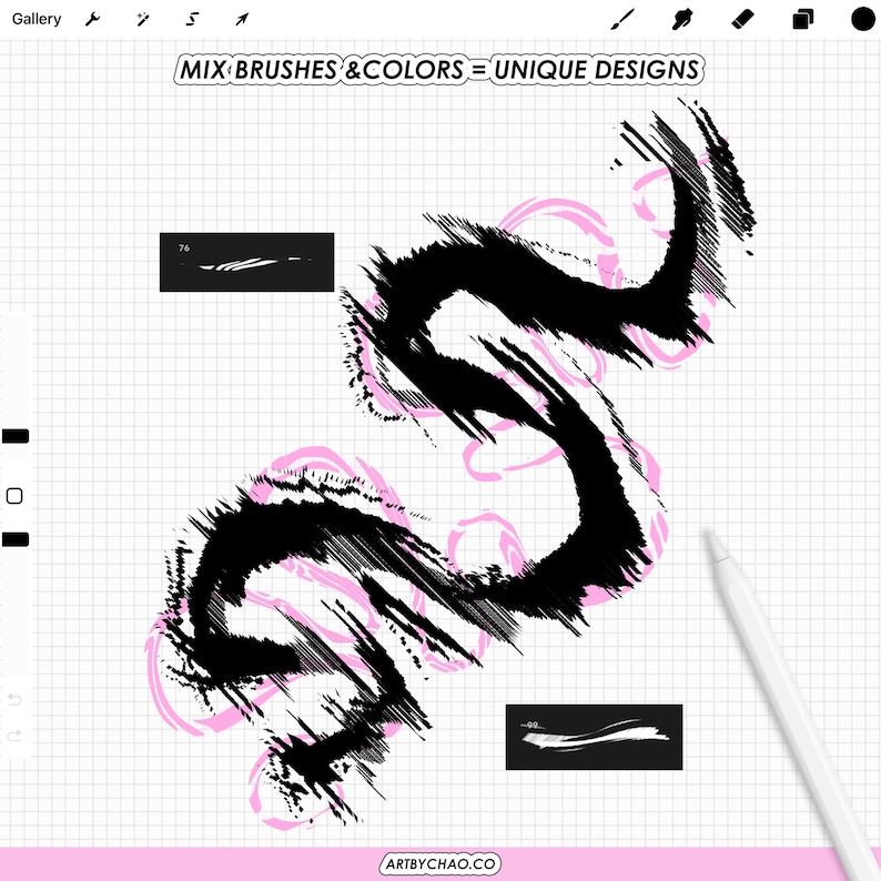 May include: Digital art illustration with black brush strokes over a pink background. The text "MIX BRUSHES & COLORS = UNIQUE DESIGNS" is at the top. A white stylus is in the lower right corner. The website address is at the bottom.