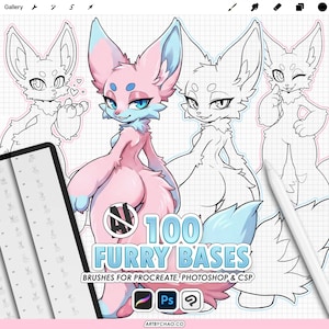 May include: Digital artwork showcasing a pink and blue furry character with large ears and a fluffy tail. The image includes the text "100 Furry Bases" and icons for Procreate, Photoshop, and CSP. A digital tablet and stylus are also visible.