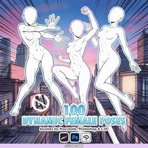 Procreate Dynamische Vrouwelijke Poses: 100 actiepose-stempels (ondersteuning voor Photoshop en CSP)