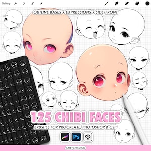 Procreate Chibi Face Stamps: 125 outline base expressions, anime character head brushes (Photoshop & CSP supported)