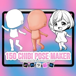 Procreate chibi pose maker stamps. Procreate chibi stamps. Procreate chibi body parts. Chibi Photoshop pose brushes