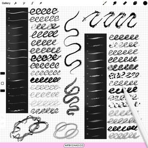 May include: A digital art brush set displayed on a grid background. The brushes vary in style, including textured, dotted, and line variations. The image includes the text "ARTBYCHAO.CO" and a digital pen.