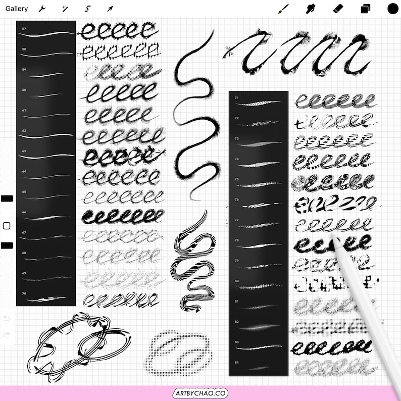 May include: A digital art brush set displayed on a grid background. The brushes vary in style, including textured, dotted, and line variations. The image includes the text "ARTBYCHAO.CO" and a digital pen.