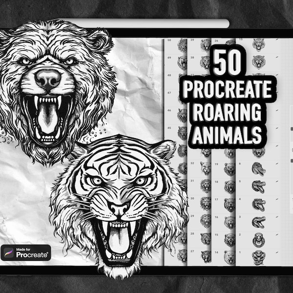 Roaring animal Procreate stamps | Procreate animal tattoo stamps | Procreate tattoo brushes | Procreate angry animal brushes