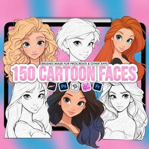 Procreate Cartoon Faces: 150 cartoon princess characters (Photoshop & CSP supported)