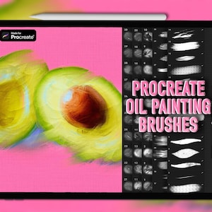 May include: A digital tablet displays a vibrant avocado painting on a pink background, with the text "PROCREATE OIL PAINTING BRUSHES." The tablet also shows a selection of digital brushes. A stylus rests on top of the tablet.