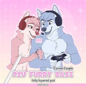 May include: A digital illustration of a pink and a blue anthropomorphic canine couple wearing headphones. The blue canine holds a game controller. Text reads: Art by Chao, Canine Couple, P2U FURRY BASE, fully layered .psd, artbychao.co.