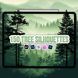 以下が含まれることがあります： デジタルタブレットには、上部にスタイラスが付いた森のシーンが表示されています。「150 TREE SILHOUETTES」というテキストが画像に重ねられ、「BRUSHES MADE FOR PROCREATE & OTHER APPS」という言葉とアプリのロゴも表示されています。背景には霧のかかった緑の森があります。