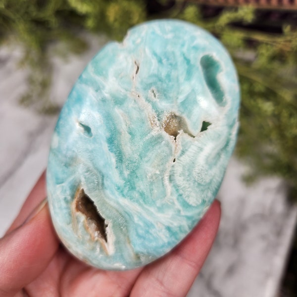 Caribbean Calcite Palm Stones - Blue Aragonite Palm Stones - Polished Caribbean Calcite - Bright Blue Crystal Palm Stones - Banded Calcite