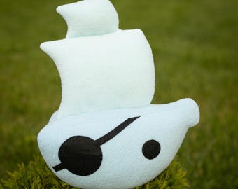 The Boat plushie, Just Shapes & Beats inspired, blue Ship plush, 10.2in high, handmade plush, made to order