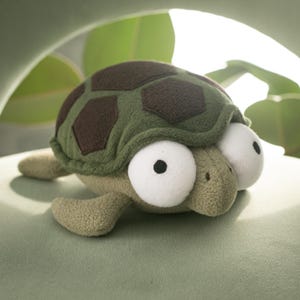 May include: A soft toy turtle with a green and brown shell, large white eyes with black pupils, and small flipper-like limbs. The turtle is made of soft fabric and sits on a green surface.